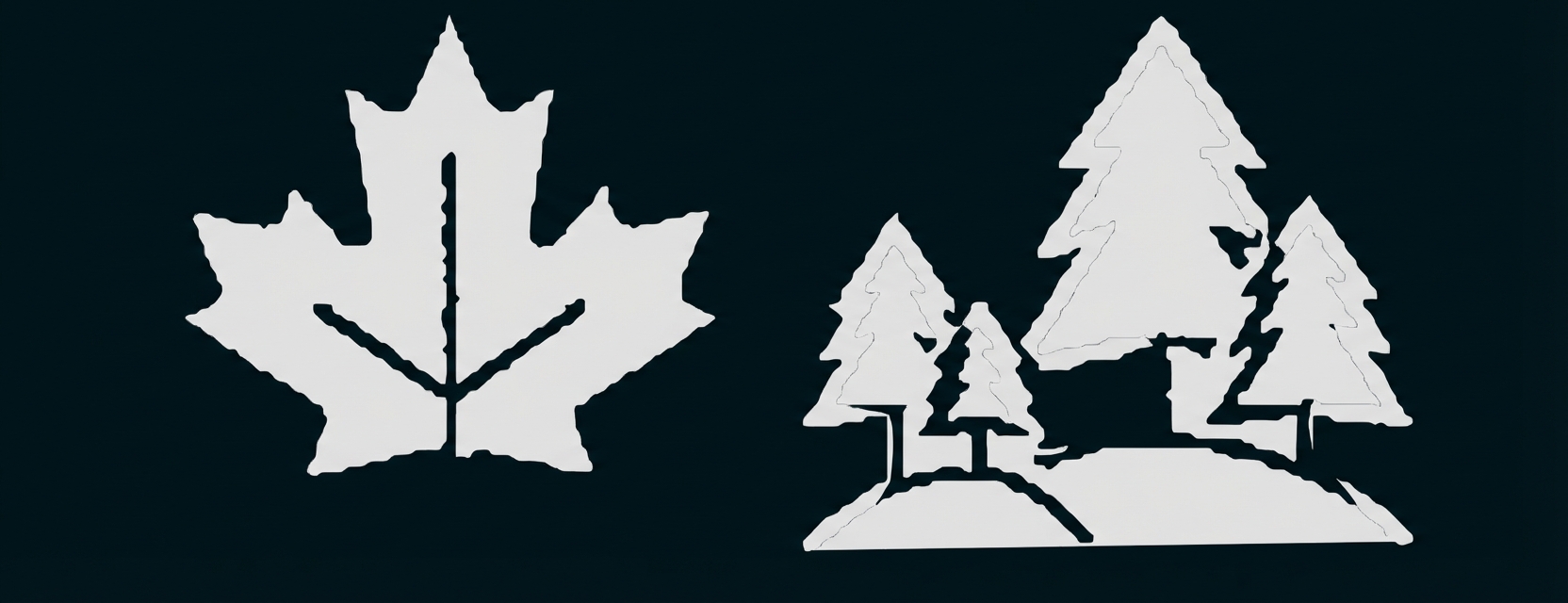 Einfaches schwarz-weißes Icon: Ahornblatt links und drei Nadelbäume rechts